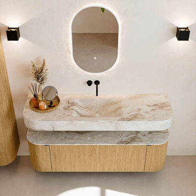 MONDIAZ THOR-DLUX 150cm meuble de salle de bains arrondi gauche + droite couleur Oak avec 1 tiroir et 2 portes. Vasque suspendue CLOUD Milieu sans trou de robinet couleur Frappe.