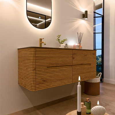 Mondiaz CIRO-DLUX Ensemble de meubles de salle de bains - 130x45x50cm - Vasque en solid surface Oza - 1 lavabo à gauche - 1 trou de robinet - 4 tiroirs - Chêne
