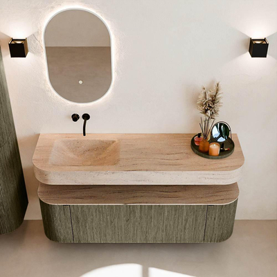 MONDIAZ THOR-DLUX 150cm meuble de salle de bains arrondi gauche + droite couleur Shadow avec 1 tiroir et 2 portes. Vasque suspendue CLOUD Gauche sans trou de robinet couleur Saba.