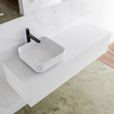 Mondiaz Lagom Meuble salle de bains 130x30.9x45cm Solid Surface Talc 1 tiroir avec lavabo BINX vasque à poser Gauche 1 trou de robinet