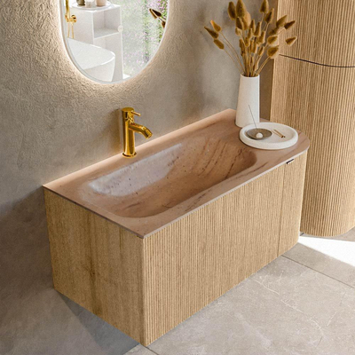 MONDIAZ KURVE-DLUX 95cm badmeubel ronding Rechts kleur Oak met 1 lade en 1 deur. Wastafel BIG SMALL Links 1 kraangat Saba.