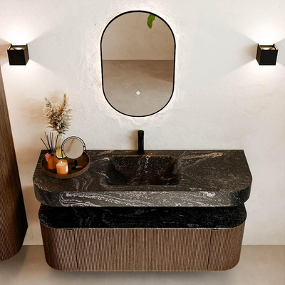 MONDIAZ THOR-DLUX 140cm meuble de salle de bains arrondi gauche + droite couleur Walnut avec 1 tiroir et 2 portes. Vasque suspendue CLOUD Milieu 1 trou de robinet couleur Lava.