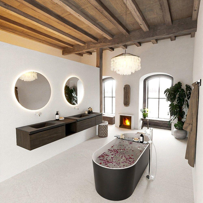 MONDIAZ BUKLA 240cm ensemble de meuble avec module ouvert 40 gauche couleur Marron Foncé avec 3 tiroirs. Lavabo CLOUD double 0 trou de robinet couleur Urban.