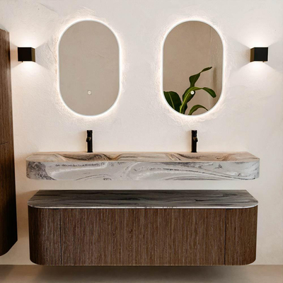 MONDIAZ THOR-DLUX Meuble de salle de bains - 160cm - arrondi gauche + droite - couleur Walnut - 1 tiroir - 2 portes - Vasque suspendue CLOUD Double 2 trous de robinet - couleur Sombra