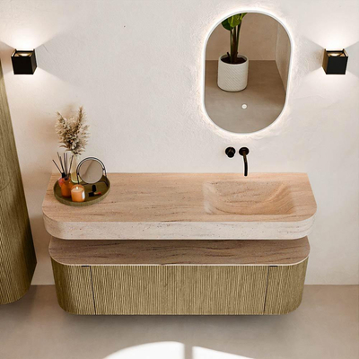 MONDIAZ THOR-DLUX 150cm meuble de salle de bains arrondi gauche + droite couleur Dusk avec 1 tiroir et 2 portes. Vasque suspendue CLOUD Droite sans trou de robinet couleur Saba.