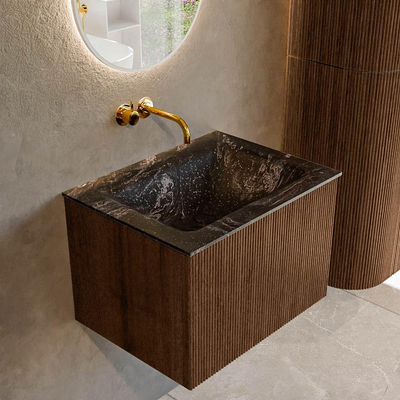 MONDIAZ KURVE-DLUX 60cm badmeubel kleur Walnut met 1 lade. Wastafel CLOUD midden zonder kraangat kleur Lava.