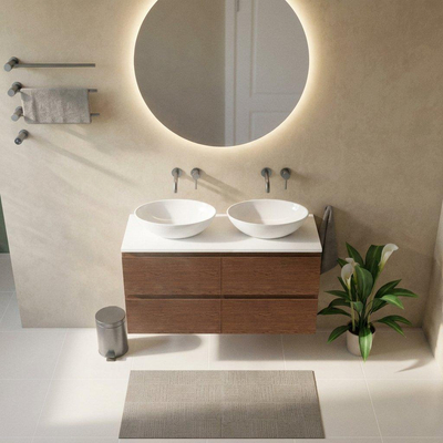 Saniclass Holz Pure Ensemble de meubles de salle de bains - 120x45x62.5cm - Plan de toilette Torino en solid surface blanc - sans trou de robinet - 4 tiroirs - walnut pure mat (bois)