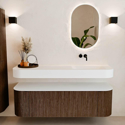 MONDIAZ THOR 150cm meuble de salle de bains arrondi gauche + droite couleur Walnut avec 1 tiroir et 2 portes. Vasque suspendue CLOUD Droite sans trou de robinet couleur Talc.