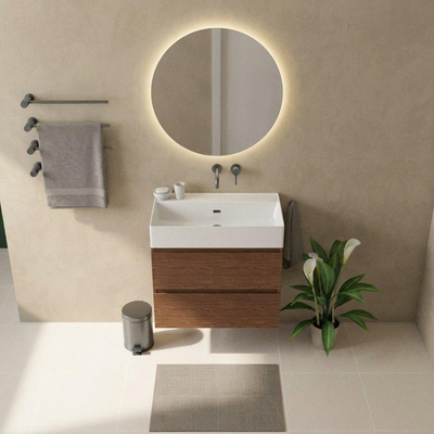Saniclass Holz Pure Ensemble meuble de salle de bains - 80x45x72cm - lavabo Legend en céramique blanc - 1 vasque - sans trou de robinet - 2 tiroirs - walnut pure mat (bois)