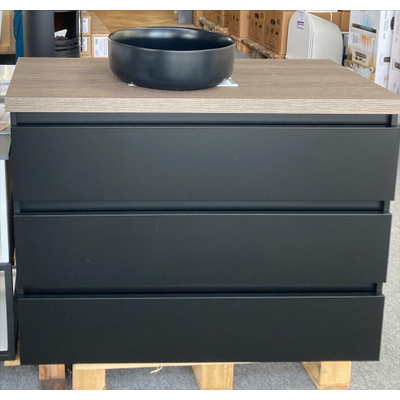 Saniclass Chaci PLUS Badkameronderkast - 100x86x46cm - 3 lades - Geintegreerde greep - MDF - mat zwart - incl. topblad houtlook grijs - OUTLET UDEN