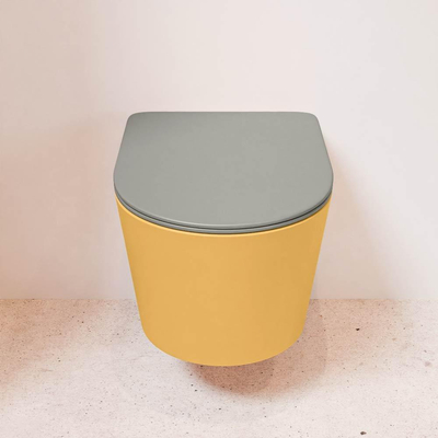 Mondiaz LAVIE hangtoilet – spoelrandloos – 36 x 53 cm – met softclose zitting – Ocher (geel), zitting Smoke (lichtbruin)