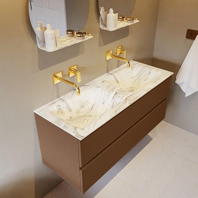 Mondiaz VICA-DLUX ensemble de meuble de salle de bain - 120cm - meuble sous-vasque reposant - 2 tiroirs - lavabo encastré cloud double - sans trous de robinet - miroir modèle spot - version XL 60cm de haut - glace