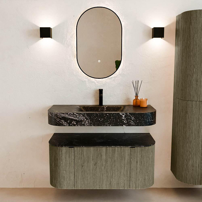 MONDIAZ THOR-DLUX 100cm meuble de salle de bains arrondi gauche + droite couleur Shadow avec 1 tiroir et 2 portes. Vasque suspendue CLOUD Milieu 1 trou de robinet couleur Lava.