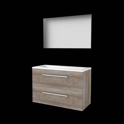 Basic-Line Basic 46 ensemble de meubles de salle de bain 100x46cm avec poignées 2 tiroirs vasque acrylique 2 trous de robinetterie miroir mfc scotch oak