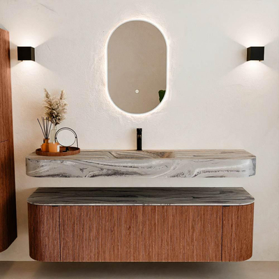 MONDIAZ THOR-DLUX 160cm meuble de salle de bains arrondi gauche + droite couleur Ruby avec 1 tiroir et 2 portes. Vasque suspendue CLOUD Milieu 1 trou de robinet couleur Sombra.