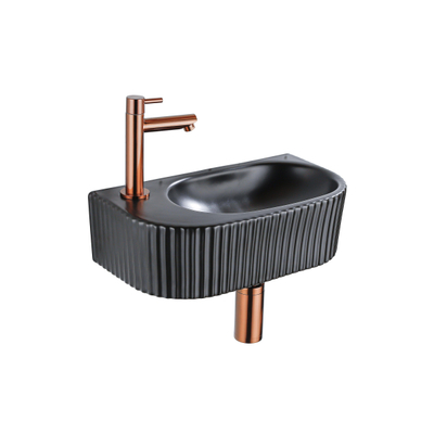 QeramiQ Fuente pack lave-mains – demi-rond – 40 x 21,5 x 12 cm – céramique noir mat – perçage à gauche – cannelé