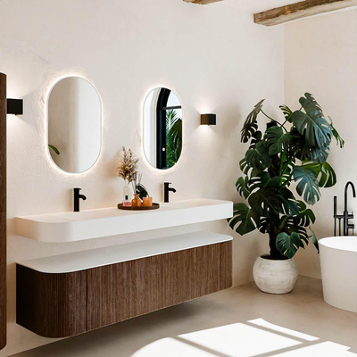 MONDIAZ THOR 180cm meuble de salle de bains arrondi gauche + droite couleur Walnut avec 2 tiroirs et 2 portes. Vasque suspendue CLOUD Double 2 trous de robinet couleur Talc.