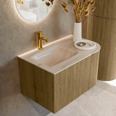 MONDIAZ KURVE-DLUX 75cm badmeubel ronding Rechts kleur Dusk met 1 lade en 1 deur. Wastafel GRUNNE Links 1 kraangat Meli.
