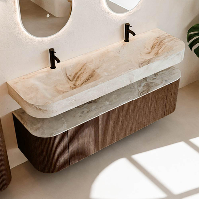 MONDIAZ THOR-DLUX 160cm meuble de salle de bains arrondi gauche + droite couleur Walnut avec 1 tiroir et 2 portes. Vasque suspendue CLOUD Double 2 trous de robinet couleur Frappe.