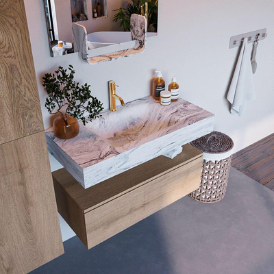 MONDIAZ ALAN - DLUX Ensemble de meuble de salle de bains - 90cm - meuble bas - Chêne lavé - 1 tiroir - lavabo suspendu - vasque centrée - 1 trou de robinet - Glace