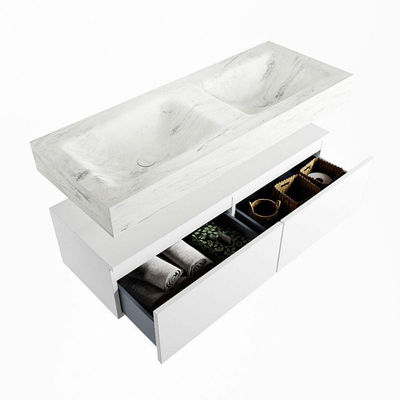 Mondiaz ALAN-DLUX Ensemble de meuble - 120cm - meuble Talc mat - 2 tiroirs - Lavabo Cloud Opalo suspendu - vasque Gauche et droite - 0 trous de robinet