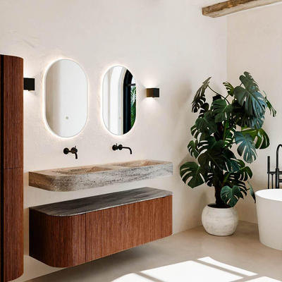 MONDIAZ THOR-DLUX 140cm meuble de salle de bains arrondi gauche + droite couleur Ruby avec 1 tiroir et 2 portes. Vasque suspendue CLOUD Double sans trou de robinet couleur Oza.