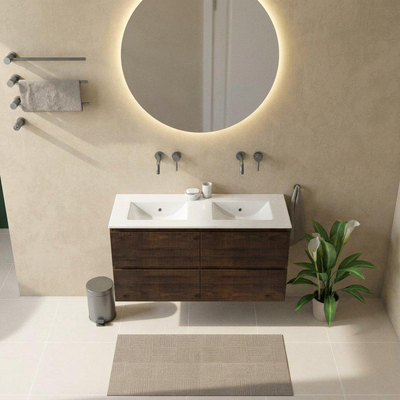 Saniclass Holz Atelier Ensemble de meubles de salle de bains - 120x45x62cm - Vygo lavabo en céramique blanc - 2 vasques - sans trous de robinetterie - 2 tiroirs - chêne charcoal mat (bois)