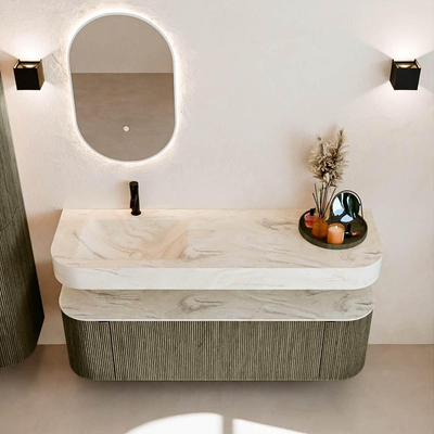 MONDIAZ THOR-DLUX 150cm meuble de salle de bains arrondi gauche + droite couleur Shadow avec 1 tiroir et 2 portes. Vasque suspendue CLOUD Gauche 1 trou de robinet couleur Ostra.