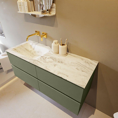 Mondiaz VICA-DLUX ensemble de meuble de salle de bain - 120cm - meuble sous-vasque armée - 4 tiroirs - lavabo encastré nuage gauche - sans trous de robinet - version haute de 60cm - glace