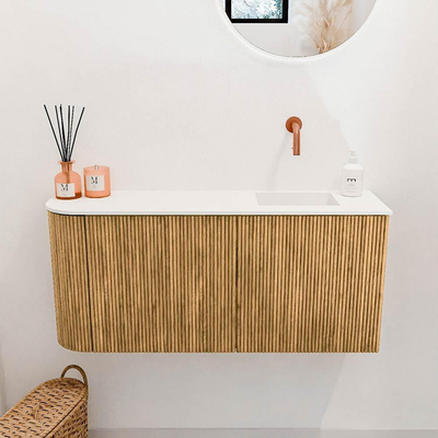 Mondiaz JOYA 91.6cm toiletmeubel - ronding links kleur Oak - Wastafel FAYE positie Rechts Zonder kraangat kleur Talc.