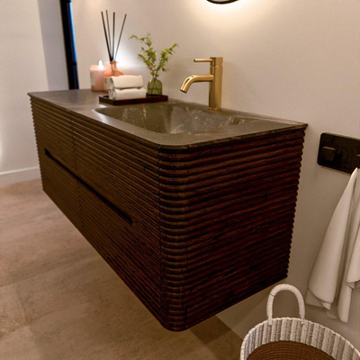 Mondiaz CIRO-DLUX Ensemble de meubles de salle de bains - 130x45x50cm - Lavabo solid surface Lava - 1 vasque à droite - 1 trou de robinet - 4 tiroirs - Noyer
