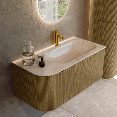 MONDIAZ KURVE-DLUX Meuble de salle de bains 95cm arrondi à gauche couleur Dusk avec 1 tiroir et 1 porte. Lavabo BIG SMALL à droite 1 trou de robinet Meli.