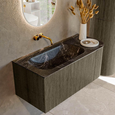 Mondiaz KURVE-DLUX Ensemble de meuble de salle de bains - 105x46x40cm - 1 tiroir - 1 porte - lavabo solid surface - gauche - sans trou de robinet - Shadow