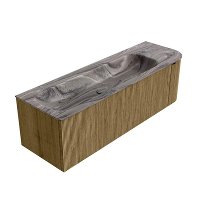 MONDIAZ KURVE-DLUX Meuble de salle de bains 145cm arrondi à droite couleur Dusk avec 1 tiroir et 1 porte. Lavabo BIG LARGE à gauche 1 trou de robinet Sombra.