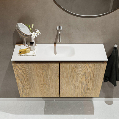 MONDIAZ TURE Fonteinset - 80x23x50cm - 0 kraangaten - 2 deuren - washed oak mat - Wasbak midden - Solid Surface Wit