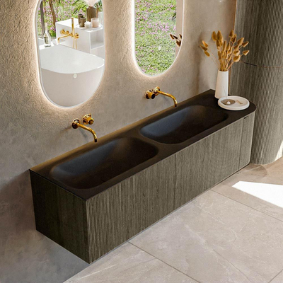 Mondiaz KURVE Ensemble meuble de salle de bains - 165x46x40cm - 2 tiroirs - 1 porte - lavabo solid surface - double / gauche - sans trou de robinet - Shadow
