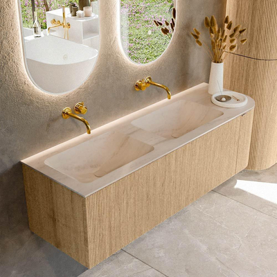 MONDIAZ KURVE-DLUX 145cm badmeubel ronding Rechts kleur Oak met 1 lade en 1 deur. Wastafel LEAF Dubbel / Links zonder kraangat Meli.