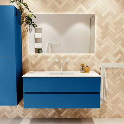 Mondiaz VICA ensemble de meuble de salle de bain - 120cm - meuble sous-vasque jeans - 2 tiroirs - lavabo denia milieu - 1 trou de robinet - couleur Blanc Brillant - miroir LED - version XL 60cm haut