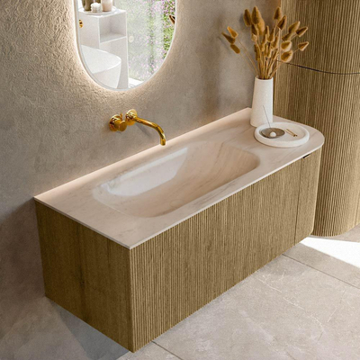 MONDIAZ KURVE-DLUX Meuble de salle de bains 115cm arrondi à droite couleur Dusk avec 1 tiroir et 1 porte. Vasque BIG SMALL à gauche sans trou de robinet Meli.