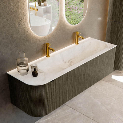 Mondiaz KURVE-DLUX Badkamermeubelset - 145x46x40cm - 1 lade - 1 deur - wastafel solid surface - rechts - 2 kraangaten - Shadow