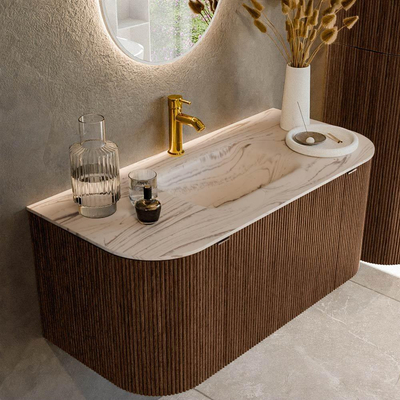 MONDIAZ KURVE-DLUX 100cm badmeubel ronding Links + Rechts kleur Walnut met 1 lade en 2 deuren. Wastafel GRUNNE Midden 1 kraangat Nata.