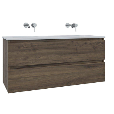 Saniclass Chaci Meuble de salle de bain - 120x46x55cm - lavabo en céramique blanc - 2 vasques - sans trous de robinet - 2 tiroirs - ronde miroir avec éclairage - noyer (hout)