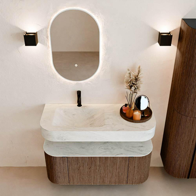 MONDIAZ THOR-DLUX 110cm badmeubel ronding links + rechts kleur Walnut met 1 lade en 2 deuren. Vrijhangende wastafel CLOUD Links 1 kraangat kleur Opalo.