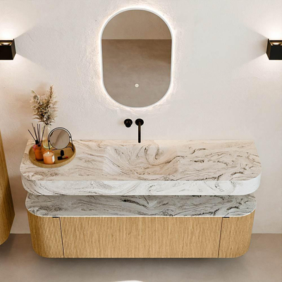 MONDIAZ THOR-DLUX 160cm badmeubel ronding links + rechts kleur Oak met 1 lade en 2 deuren. Vrijhangende wastafel CLOUD Midden zonder kraangat kleur Glace.