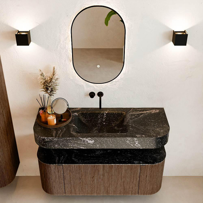 MONDIAZ THOR-DLUX 120cm meuble de salle de bains arrondi gauche + droite couleur Walnut avec 1 tiroir et 2 portes. Vasque suspendue CLOUD centrale sans trou de robinet couleur Lava.