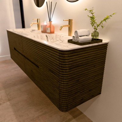 Mondiaz CIRO-DLUX Badkamermeubelset - 170x45x50cm - Solid surface wastafel Glace - 2 wasbak Dubbel - 2 kraangaten - 4 lades - Shadow