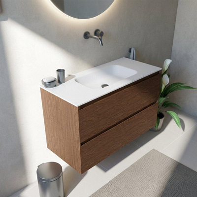 Saniclass Holz Pure Ensemble meuble salle de bains - 100x45x61.5cm - lavabo Flow en solid surface blanc - 1 vasque - sans trou de robinet - 2 tiroirs - noyer pure mat (bois)