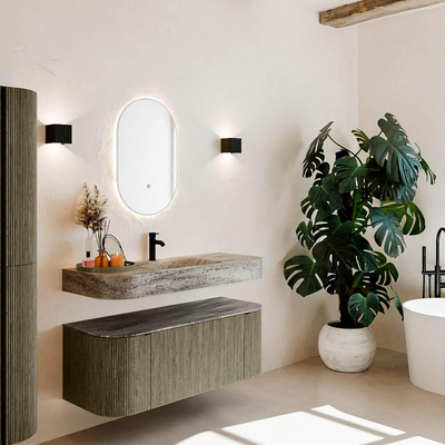 MONDIAZ THOR-DLUX Meuble de salle de bains 120cm arrondi gauche + droite couleur Shadow avec 1 tiroir et 2 portes. Vasque suspendue CLOUD Milieu 1 trou de robinet couleur Oza.