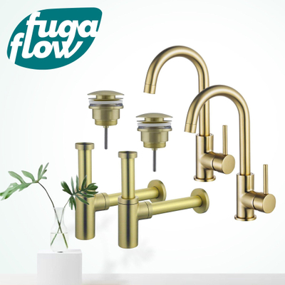 FugaFlow Eccelente Sobrado Badkamer Wastafelkraanset - voor dubbele wastafel - hoge wastafelkraan - draaibare uitloop - klikwaste plug - design sifon - PVD Geborsteld Messing