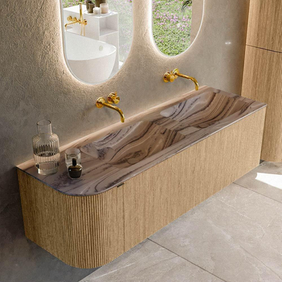 MONDIAZ KURVE-DLUX 145cm meuble de salle de bains arrondi gauche couleur Chêne avec 1 tiroir et 1 porte. Lavabo LEAF double / à droite sans trou de robinet Sombra.